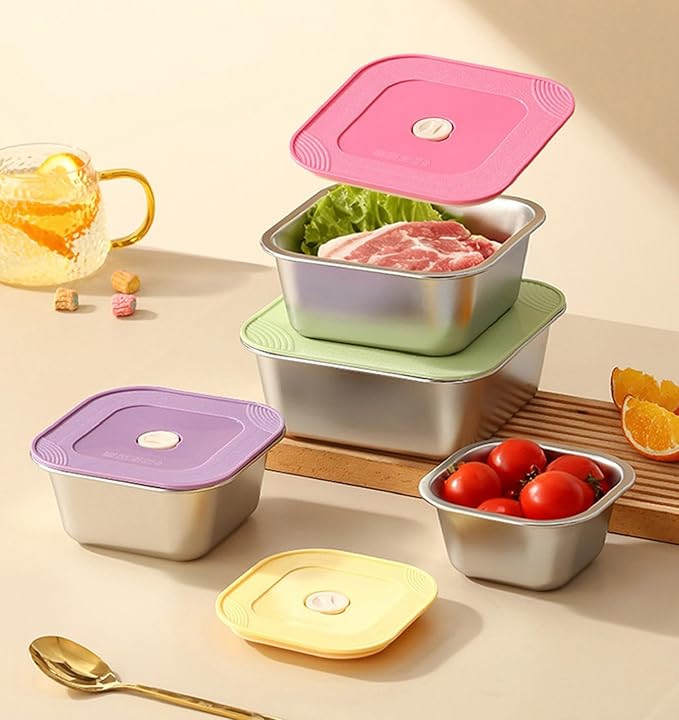 4-Piece Stainless Steel Snack & Lunch Containers with Lids Set, Stackable Metal Food Storage Containers with Lids, Airtight Leakproof Lunch Bento Box, Dishwasher Safe (Size 4.5", 5.5", 6.3", 7")