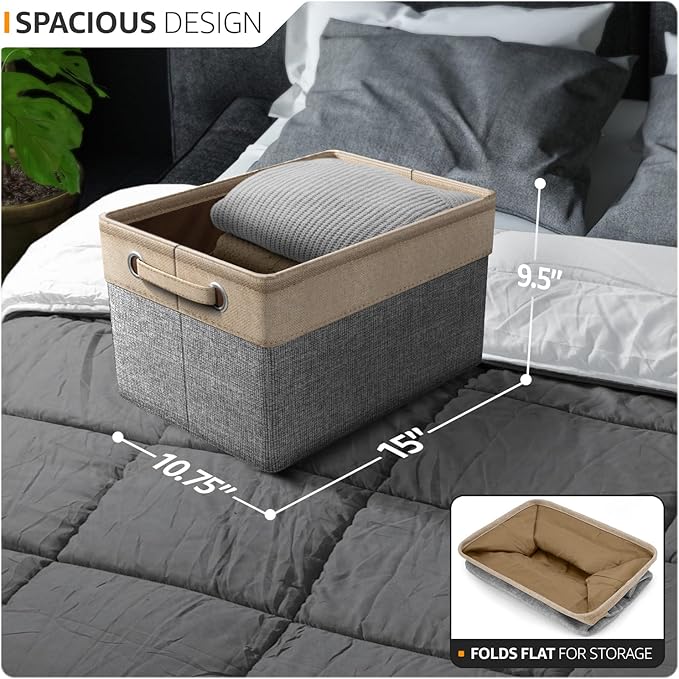 Sorbus Premium Fabric Storage Cubes 15 Inch- Big Sturdy Collapsible Storage Bins with Dual Handle- Foldable Baskets for Organizing- Decorative Cube Storage Bins for Home & Office Use- 3 Pack| Grey/Tan