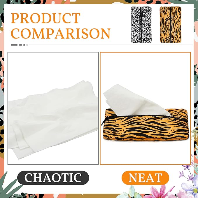 Kigeli 2 Pieces Purse Tissue Holder Travel Tissue Pouch for Purse Fabric Zipper Enclosed Pouches Reusable Flower Pattern Paper Holder for Coins, 5.25 x 3 Inches(Leopard Print, Gold Zebra)