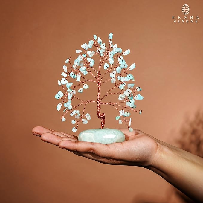 KARMAPLEDGE Crystal Tree of Life Home and Office Feng Shui Decor, Amazonite Healing Crystal Handmade Bonsai Tree for Positive Energy, Good Luck, Money, Christmas Decor, Birthday Gifts for Women, Mom