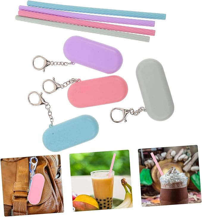 4 Sets Foldable Reusable Silicone Straws with Silicone Case Keychains and Stainless Steel Cleaning Brushes Portable Multipurpose Drinking Tools for Travel and Party Use