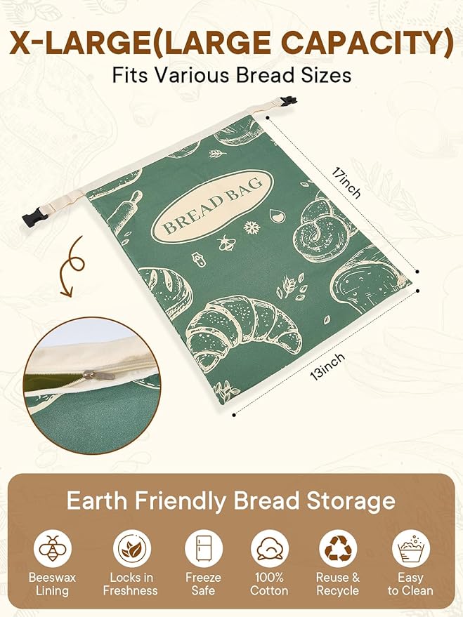 2 Pack Beeswax Bread Bags with Zipper Reusable Bread Storage Bags for Homemade Bread Sourdough Large Cotton Baguette Bag with Liner Freezer Storage Bag to Keep Fresh Kitchen Baking Supplies