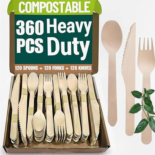 Wooden Cutlery Set Disposable - 360 PCS Wooden Compostable forks and Spoons with 120 Forks, 120 Spoons, and 120 Knives - Disposable Utensils Set for Outdoor, Party, Camping & More