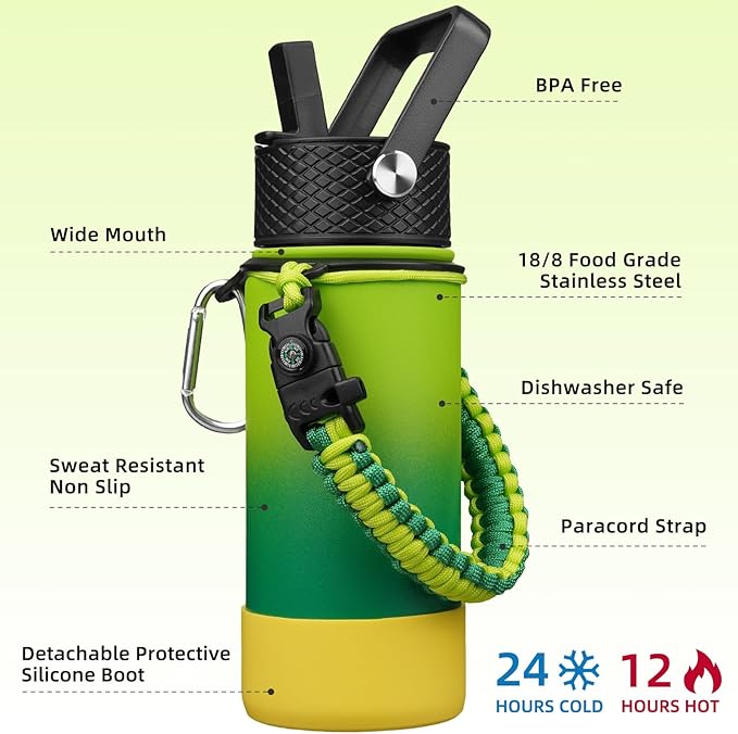 BJPKPK Water Bottle with Straw Lid, 18oz Insulated Water Bottles with 3 Lids, Paracord Handle & Non-slip Boot,Stainless Steel Metal Thermal Flasks,BPA Free Leak Proof Tumblers,Bamboo Grove