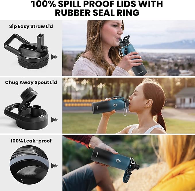 Insulated Water Bottle 40 oz, Triple Wall Vacuum Stainless Steel (Cold for 48 Hrs), Leak Proof & Non-BPA, Modern Water Flask Jug with Paracord Handle & Straw Spout Lids, Indigo/Black