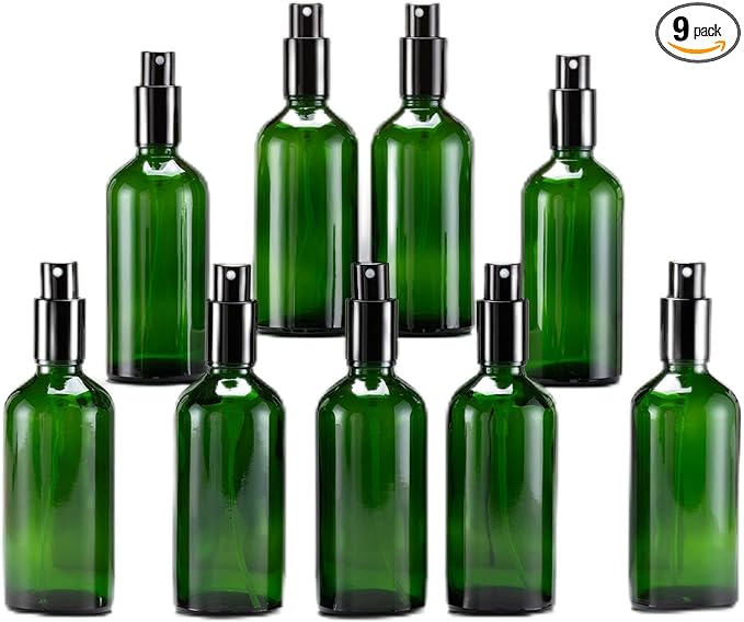 YIZHAO Green Glass Spray Bottles 4oz, with Small Fine Mist Spray, Metal Cap, Refillable for Essential Oil,Travel,Cleaning,Perfume,Aromatherapy,Makeup – 9 Pcs