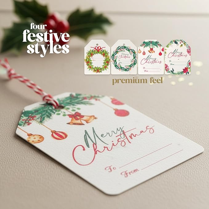Christmas Plantable Gift Tags with Wildflower Seeds – Writable, Plantable Merry Christmas Tags, 4 Festive & Ornament Designs, Perfect for Holiday Gifts, Family & Friends (24 Tags (6 per Design)