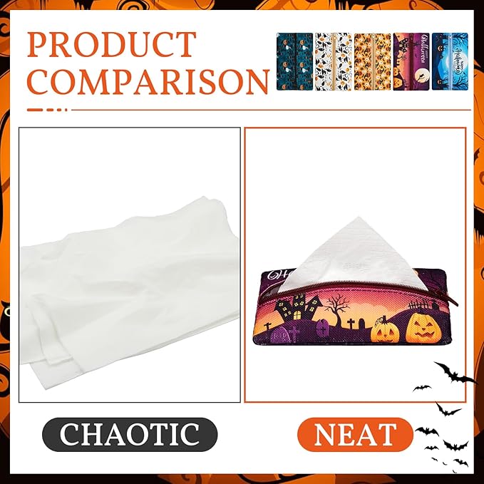 Sherr 5 Pieces Tissues Purse Pocket Tissue Holder Reusable Travel Tissue Pouch Fabric Zipper Enclosed Small Size Bat Pattern Tissue Holder for Purse Coins for Halloween, 5.25 x 3 Inches (Pumpkin)