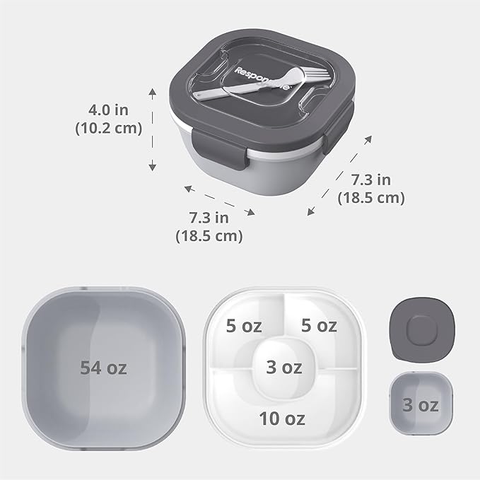 Responsible Products Leak Resistant Bento Box with Tableware for Adult - Teens, Insulated Lunch Box for Women - Men - Girls - Boys, BPA Free, Dishwasher Safe, Microwave Safe, Freezer Safe, 46 oz