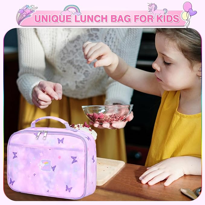 Lunch Box Kids, 11" L x 7" W x 3.5" H, Waterproof Reusable Insulated Lunch Bag for Girls, Cooler Bento Boxes Containers & Snacks for Elementary School Travel (Butterfly Purple)
