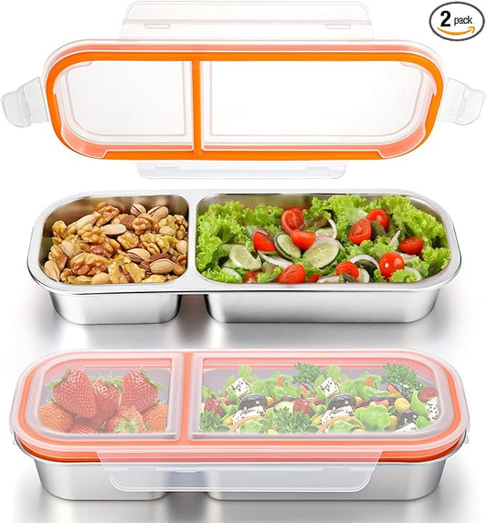 Palksky 2Pack Stainless Steel Snack Containers with Lids, 2/Tow/Double Compartment Reusable Snackle Box Container, Metal Food Storage Containers for School, Home, Travel