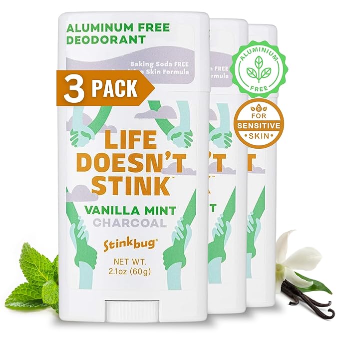 Stinkbug Naturals Organic Aluminum Free Deodorant Stick with Vanilla Mint, Coconut Oil and Activated Charcoal, Paraben Free, Sensitive Skin Deodorant, 2.1 Ounces Pack of 3
