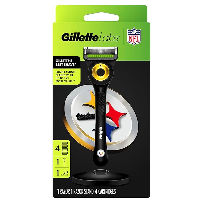 Gillette Labs Special NFL Steelers Edition Shaving Razor for Men - 1 Handle, 4 Razor Blade Refills & Magnetic Stand, Holiday Gifts for Men, GilletteLabs with Exfoliating Bar