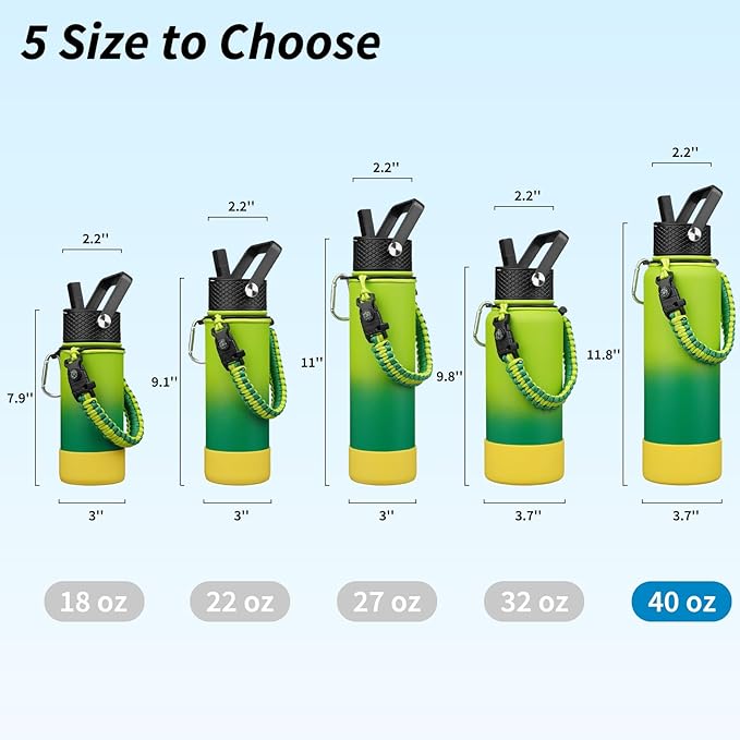 BJPKPK Insulated Water Bottle with Straw Lid, 40oz Large Thermal Flasks with 3 Lids, Paracord Handle & Non-slip Boot, BPA Free Leak Proof Stainless Steel Metal Water Bottles, Tumblers, Bamboo Grove