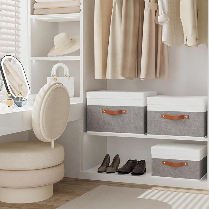 Fabric Storage Boxes with Lids, Linen Foldable Cloth Baskets, 17.7 x 11.8 x 11.8 Inch Closet Organizer Containers with Double Handles, Sweater Bins for Bedroom, White and Grey, 3 Pack