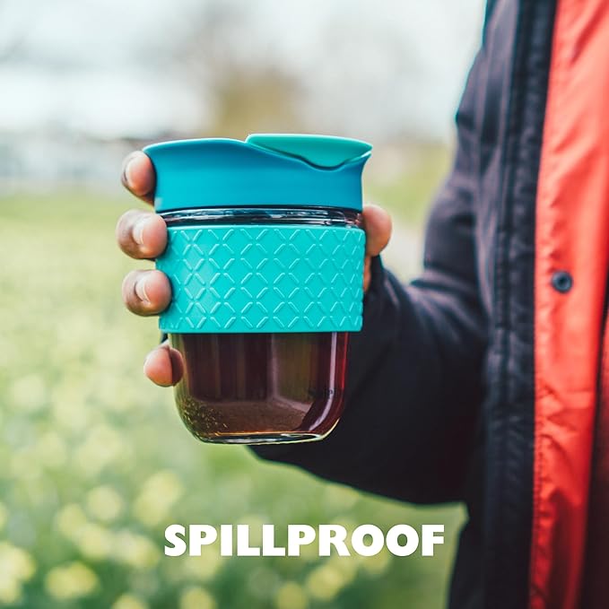 Travel Mug Loose Tea Infuser - Detachable Tea Strainer with Spillproof Lid - BPA-Free Reusable Glass Travel Coffee Cup with Silicone Band (Blue, 12oz)