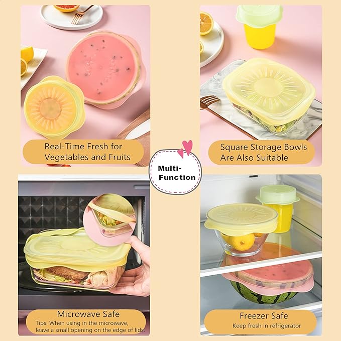 Silicone Stretch Lids Set for Food Storage, Fruit Pattern Food-grade Reusable Silicone Sealing Food Covers for Fresh-keeping Bowl Container Microwave and Dishwasher Safe (6 pcs of Different Sizes)