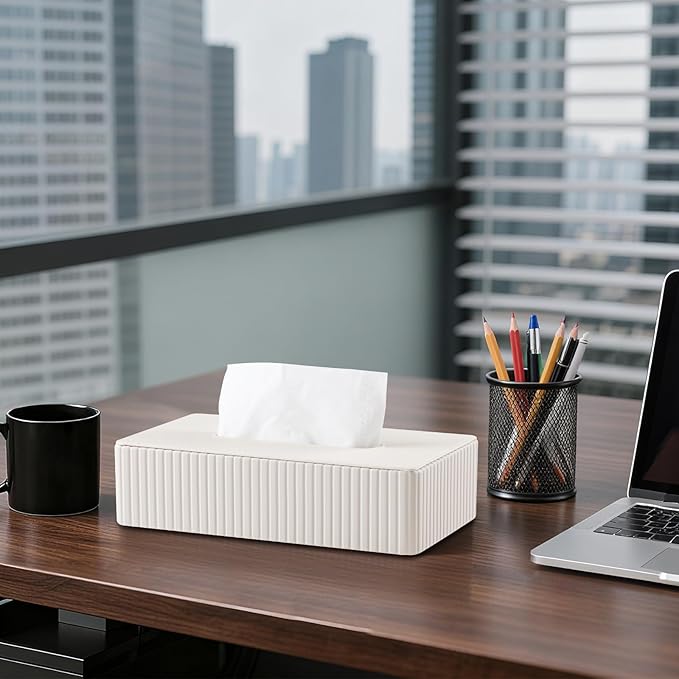 PU Leather Short Tissue Box Cover Rectangle, Small Tissue Box Holder with Magnetic Closure, Decorative Rectangular Tissue Holder for Bathroom Car Office (Ivory)