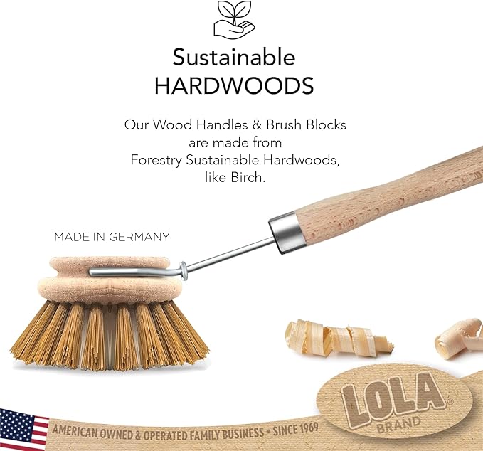 LOLA -The Original - Dishwashing & Vegetable Brush, Hardwood w/Poly Fiber Bristles, Reusable, Sustainable, Has EZ-Grip Handle - 1 Pack