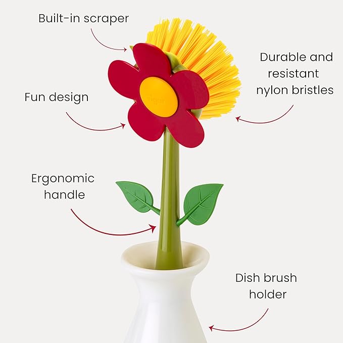 Vigar Flower Power Dish Brush with Vase Brush Holder, Dish Brush with Handle for Pot Scrubber, Dishes, Sink, and Kitchen Essentials, White, Red