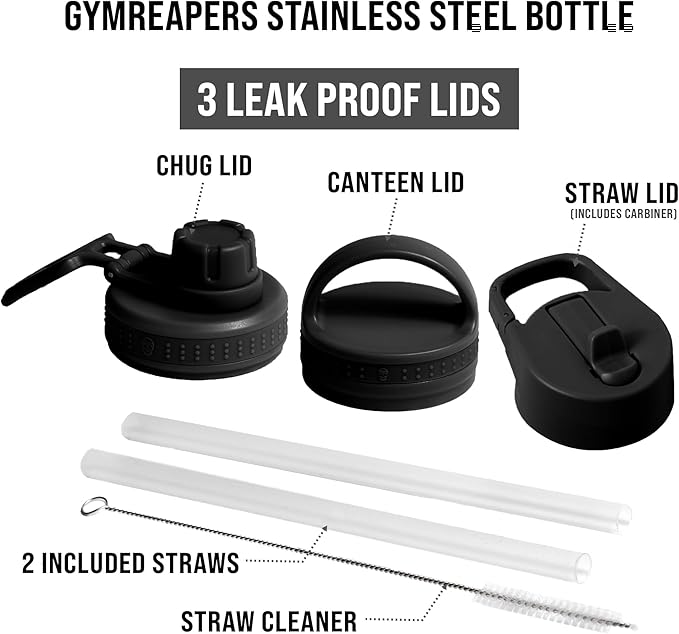 Gymreapers Insulated Water Bottle - Stainless Steel 32 Oz, 3 lids (Straw, Chug, Canteen), Double Walled Vacuum Insulation, Thermo Mug Cold Hot - Durable Powder Coated Finish (Black)