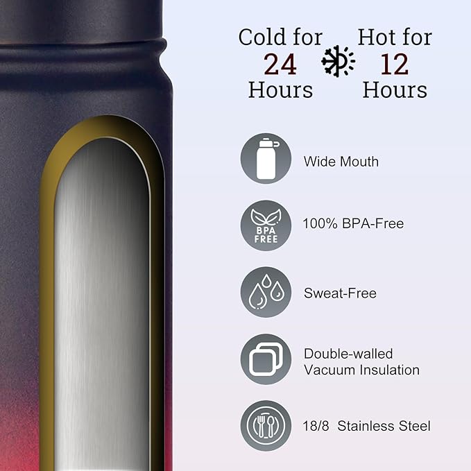 mininoo 24 oz Insulated Water Bottle with Straw Lid, Stainless Steel Double Wall Vacuum, Leak Proof, BPA Free, Keep Cold for 24H & Hot for 12H-2 pack(Ice Coke)