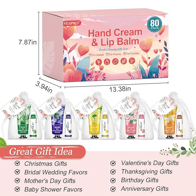 80 Sets Bulk Hand Cream and Bulk Lip Balm Gifts, Stocking Stuffers for Women, Bridesmaid Gifts, Christmas Gifts for Guests with Thank You Card and Organza Bags, Thank You Gifts for Coworkers Women