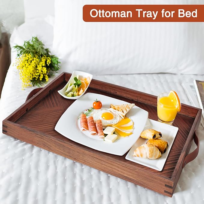Large Ottoman Wooden Trays, Wood Serving Tray with Handles, Large Ottoman Tray, Wooden Serving Trays for Coffee Tables, Living Rooms and Kitchens, 24 x 16 inch