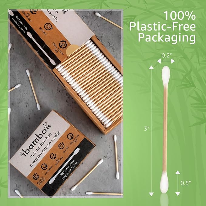 Ibambo 100% Bamboo Cotton Ear Swabs (200-Pack) | Double Tipped Ear Cotton Buds for Beauty & Personal Care | FSC Certified & Hypoallergenic | Suitable for All Ages & Pets | Biodegradable & Disposable