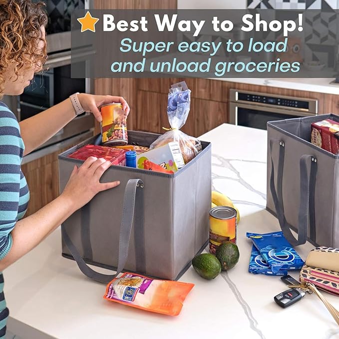 Reusable Grocery Bags, Foldable Shopping Tote with Long Handles, Large Cloth Grocery Bag with Thick Bottom for Daily Shopping, Travel, Storage
