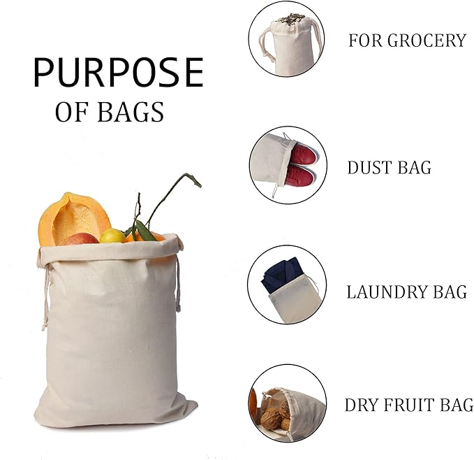 Cotton Muslin Bags, 100% Organic Cotton with Double Drawstring. Premium Quality Reusable Eco-Friendly Natural Muslin Bags. (25, 6x10 Inches)