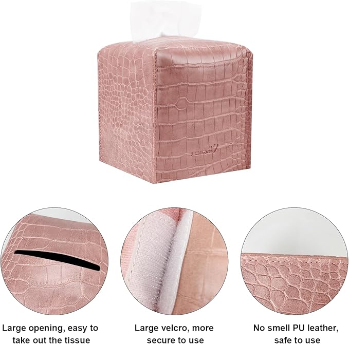 Tissue Box Cover 5X5X5'' PU Leather Tissue Holder Square Tissue Cube Box Organizer for Bathroom Vanity Countertop, Car, Night Stands, Office, Home, Kitchen (SnakePink, 1Pack)