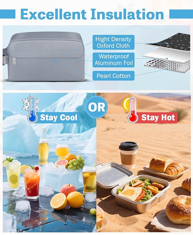 Small Insulated Snack Bag Lunch Box,Collapsible Reusable Small Lunch Bag with Snap Buckle Handle for Beach Travel Picnic,Grey 5-Can(3L)