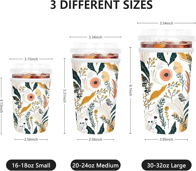 Iced Coffee Sleeve, Reusable Insulated Neoprene Cup Sleeve for Cold & Hot Drinks Beverages, Cup Holder for 32oz Coffee Cups, Beautiful Flowers
