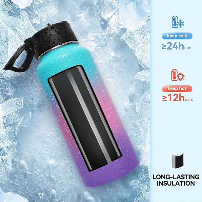 Neihepal 32 oz Insulated Water Bottles Bulk with 2 Lids (Straw & Spout Lid), Stainless Steel Double Wall Water Bottle, Keeps Cold 24H & Hot 12H (Gradient Color,4Pack)
