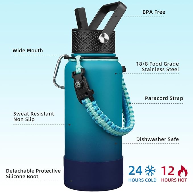BJPKPK 32oz Insulated Water Bottles with 3 Lids, Paracord Handle & Non-slip Boot, Stainless Steel Metal Water Bottle,Reusable BPA Free Thermal Flasks, Tumblers, Vast