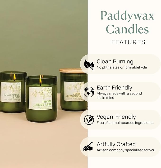 Paddywax Eco Green Collection Soy Wax Blend Candle in Glass Jar, Palo Santo Sage Scent, Green Vessel with Wood Lid, 8 oz