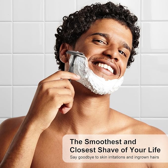 Gun Black Double Edge Safety Razor with Stand, Single Blade Razors for Men and Women, with 10 Safety Razor Blades, Smooth & Close Shave, Plastic Free
