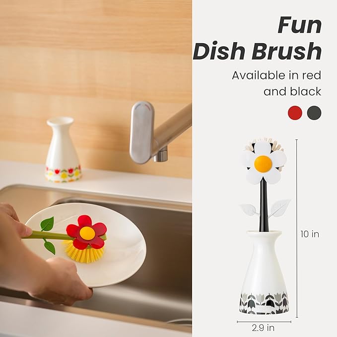 Vigar Flower Power Dish Brush with Vase Brush Holder, Dish Brush with Handle for Pot Scrubber, Dishes, Sink, and Kitchen Essentials, White, Red