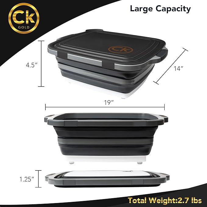 New XL Collapsible BBQ Prep Tub with LOCKING Lid, Cutting Board & Drain Hole | BPA-Free, Food-Grade, Recyclable, Space-Saving Caddy for Grilling, Camping, Kitchen & Outdoor Cooking (Black, 16 Liters)