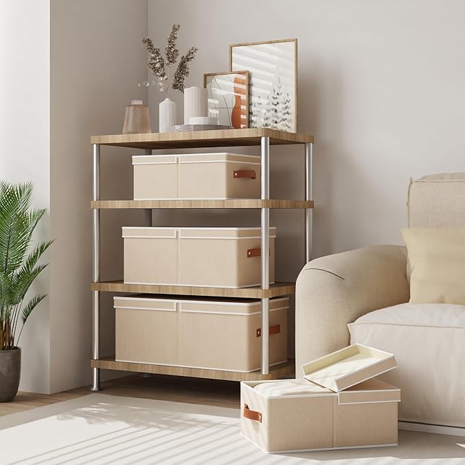 3-Pack Storage Boxes, Foldable Blanket Basket with Detachable Lid, Linen Closet 0rganizers with Double Handles, Collapsible Cubes for Organizing, Beige, 18.5 x 11 x 7.9 inch