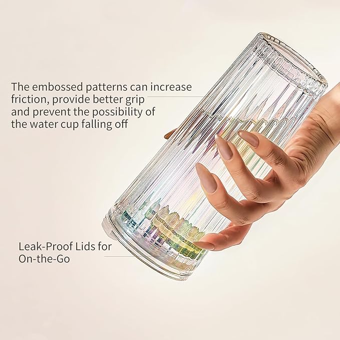 Puraville 2 Pack 18oz Glass Cups with Lids and Straws, Vintage Ribbed Striped Thickened Glassware for Whiskey Cocktail Beer, Mason Jar Drinking Glasses Tumbler Iced Coffee Cup, Rainbow