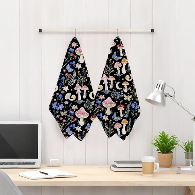 Jztco 2Pcs Boho Mushroom Kitchen Towels 24x14 Inch, Vintage Blue Floral Waffle Hand Towels for Kitchen Home Decor, Absorbent Microfiber Dish Cloth Tea Towel, Mushroom Gifts for Women Mom Grandma