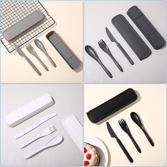 Yahenda 28 Sets Reusable Travel Utensils Set with Case Wheat Straw Cutlery Portable Spoon Knife Fork Tableware Lunch Box Bulk for Adults Travel Picnic Camping Utensils Gifts (Cold Color)