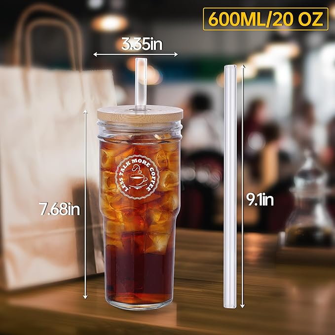 2 Pcs Glass Cups with Lids and Straws, 20oz/600ml Ice Glass Coffee Cups with Lids, Reusable Wide Mouth Tumbler with & Leakproof Metal Lid & Eco Bamboo Lid & Cleaning Kit