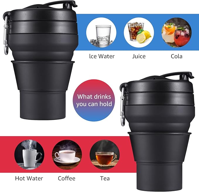 Collapsible Coffee Cup, 2 Pack 16 OZ 480ml Silicone Travel Folding Cup, Leak Proof BPA Free Portable Cup, Travel mug with Lids for Camping hiking