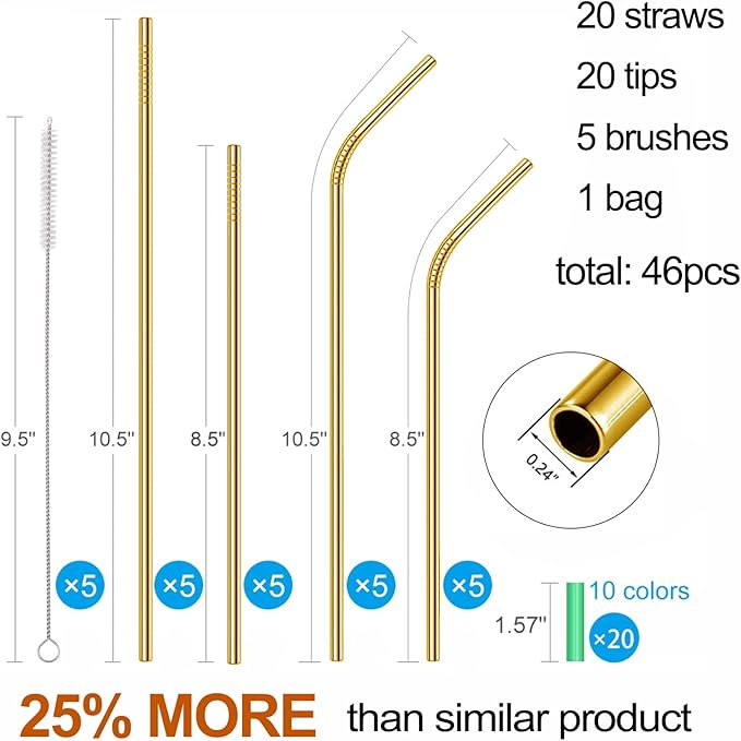 20 Pcs Gold Reusable Stainless Steel Straws,10.5" & 8.5" Reusable Drinking Straws with 20 Silicone Tips 5 Straw Brushes 1 Travel Case,Eco Friendly Extra Long Metal Straw for 20 24 30 oz Tumbler