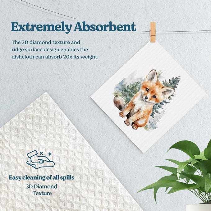 Swedish Dishcloths for Kitchen, Fox Rabbit Dish Rags Kitchen Dish Towels for Washing Dishes, 4 Pack Reusable Paper Towels Washable, Sponge Cloths for Home Cleaning Cooking Baking Decor