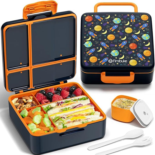 Fimibuke Bento Lunch Box for Kids, Leak Proof Toddler Bento Box with 4 Compartments BPA Free Dishwasher Safe Lunch Container with Utensils, Ideal Portion Sizes for Ages 3-12 Girls Boys for School