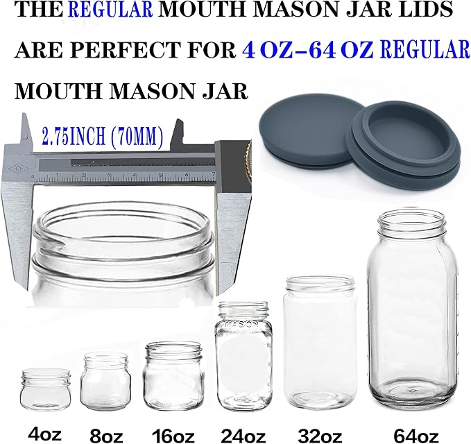 Regular Mouth Mason Jar Lids - 2.75 Inch Canning Lids Fit for All Regular Mouth Mason Jars,Food Grade Silicone Mason Jar Caps,Dishwasher Safe,Leak Proof Reusable Lids,3 Pack (Grey-3 Pack)